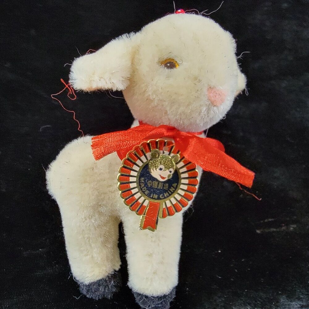 Mohair Lamb Wool Ornament Plush 4.5" Red Ribbon Sheep Easter Christmas